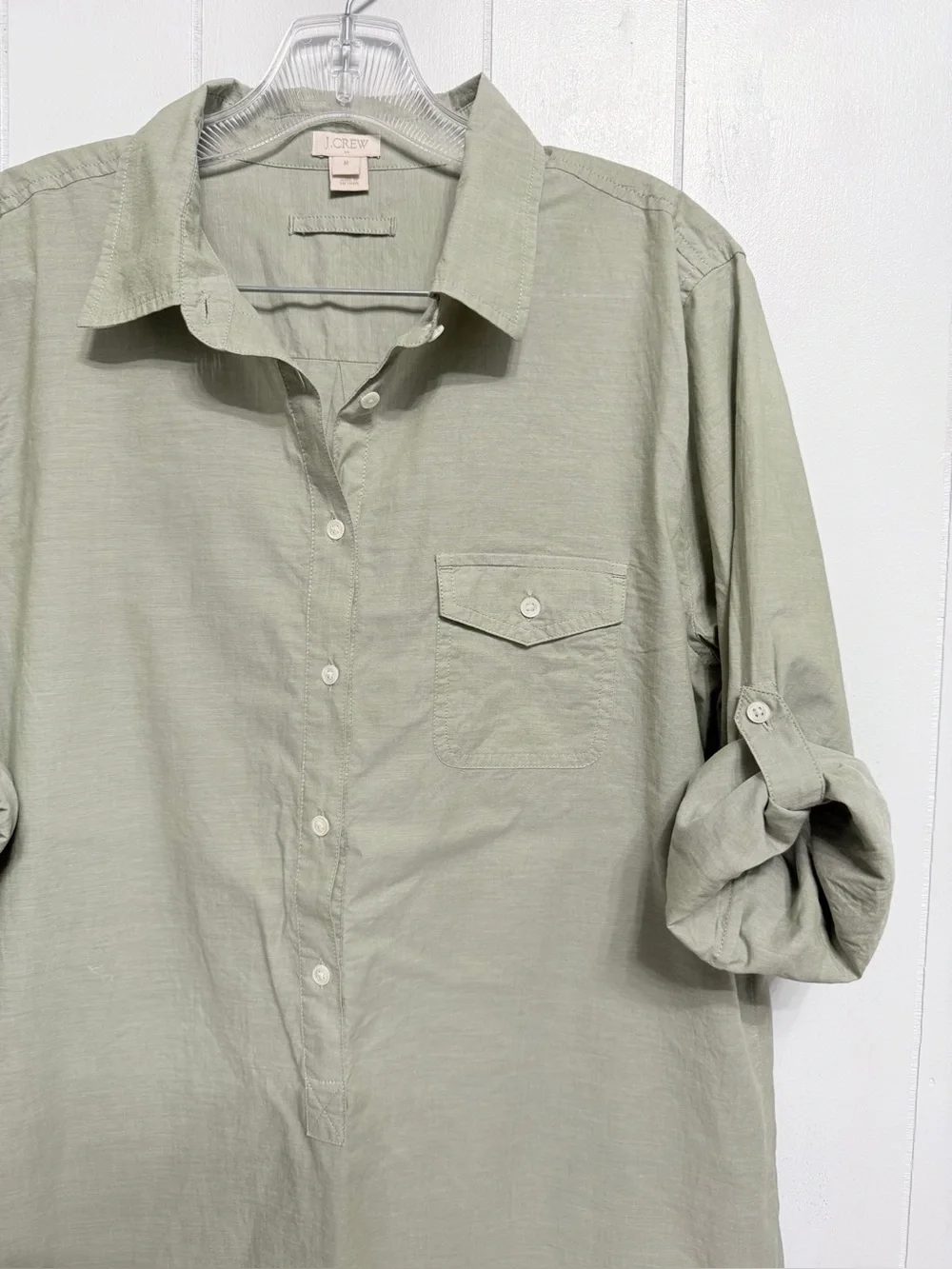 #10)  J. Crew Cotton Light Sage Casual Half Button Down Shirt